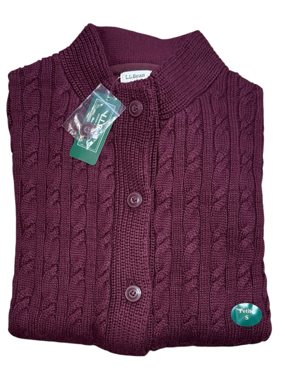 L.L. Bean Double L Cable Knit Button Cardigan - Deep Wine